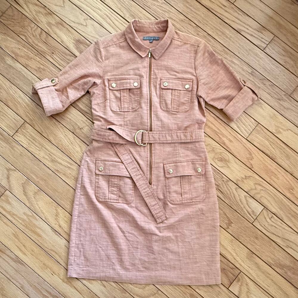 Sharagano Belted Shirt Dress Orange 3/4 Sleeve Office Career Preppy Autumn